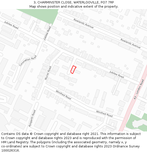 3, CHARMINSTER CLOSE, WATERLOOVILLE, PO7 7RP: Location map and indicative extent of plot