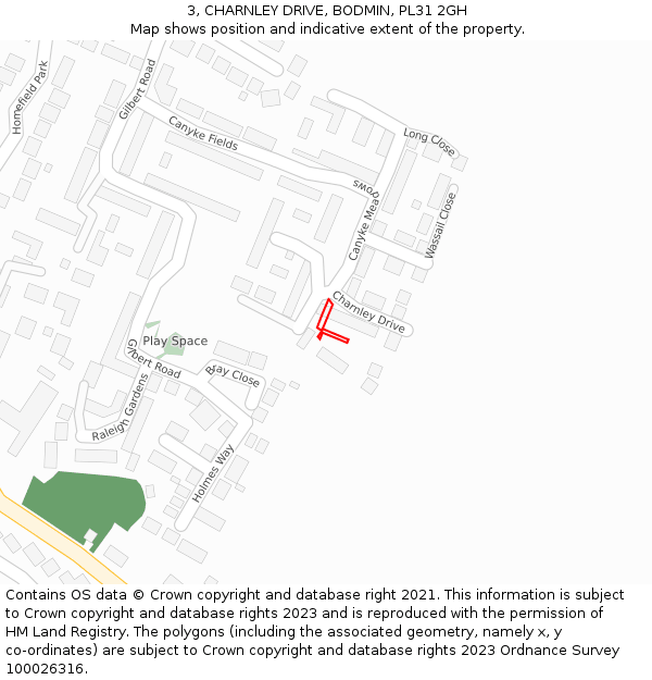 3, CHARNLEY DRIVE, BODMIN, PL31 2GH: Location map and indicative extent of plot