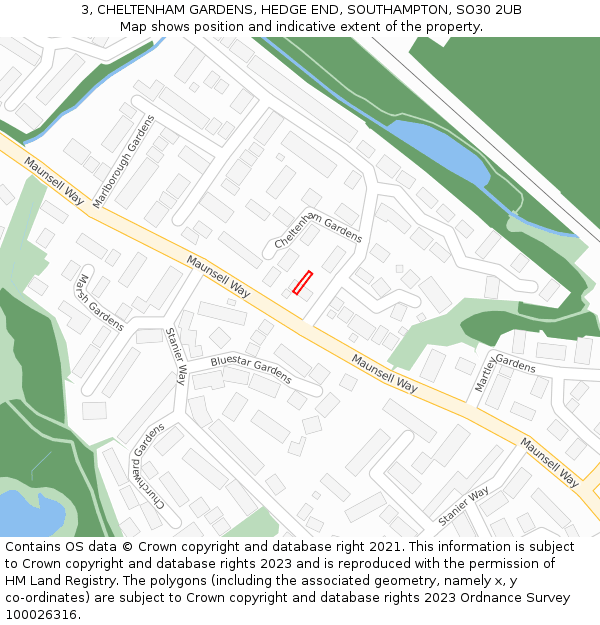 3, CHELTENHAM GARDENS, HEDGE END, SOUTHAMPTON, SO30 2UB: Location map and indicative extent of plot