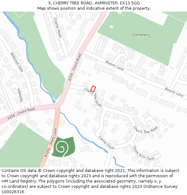 3, CHERRY TREE ROAD, AXMINSTER, EX13 5GG: Location map and indicative extent of plot