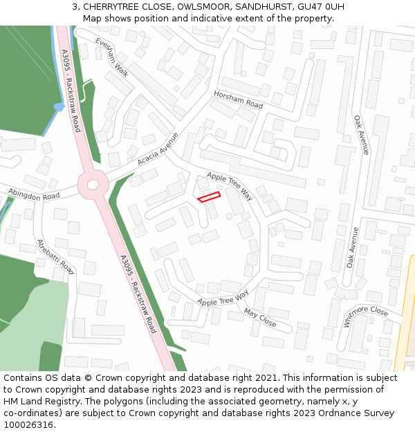 3, CHERRYTREE CLOSE, OWLSMOOR, SANDHURST, GU47 0UH: Location map and indicative extent of plot