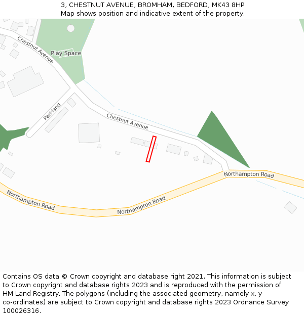 3, CHESTNUT AVENUE, BROMHAM, BEDFORD, MK43 8HP: Location map and indicative extent of plot