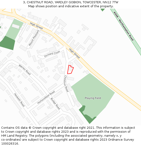 3, CHESTNUT ROAD, YARDLEY GOBION, TOWCESTER, NN12 7TW: Location map and indicative extent of plot