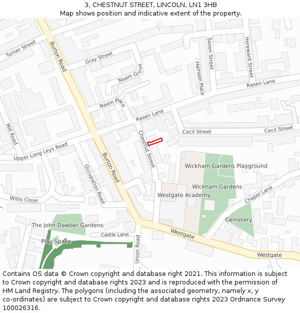 3, CHESTNUT STREET, LINCOLN, LN1 3HB: Location map and indicative extent of plot