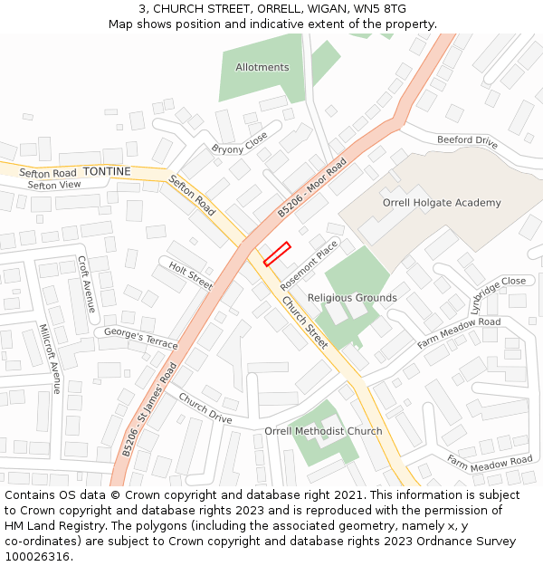 3, CHURCH STREET, ORRELL, WIGAN, WN5 8TG: Location map and indicative extent of plot