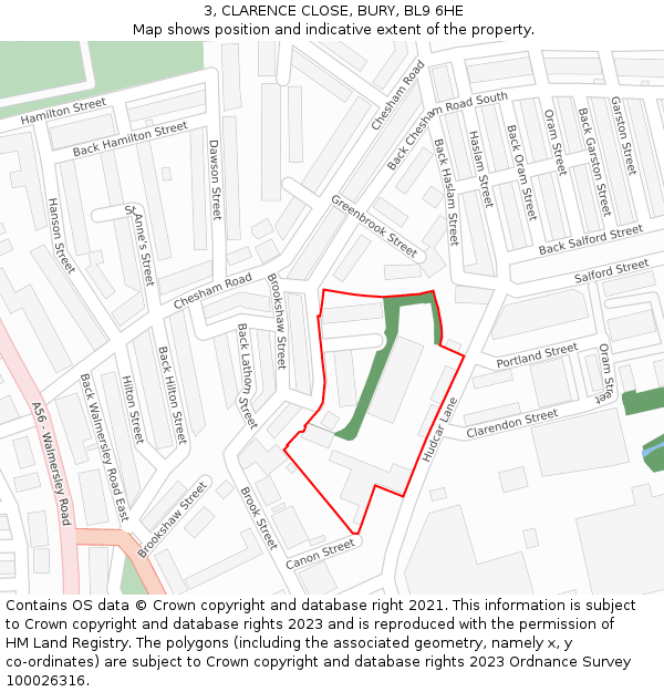 3, CLARENCE CLOSE, BURY, BL9 6HE: Location map and indicative extent of plot