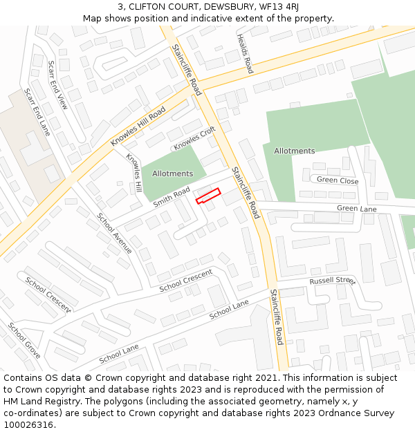 3, CLIFTON COURT, DEWSBURY, WF13 4RJ: Location map and indicative extent of plot