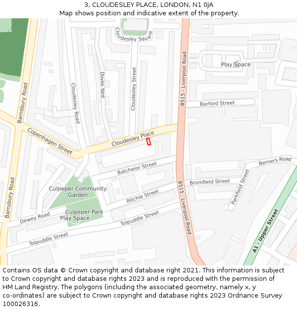 3, CLOUDESLEY PLACE, LONDON, N1 0JA: Location map and indicative extent of plot