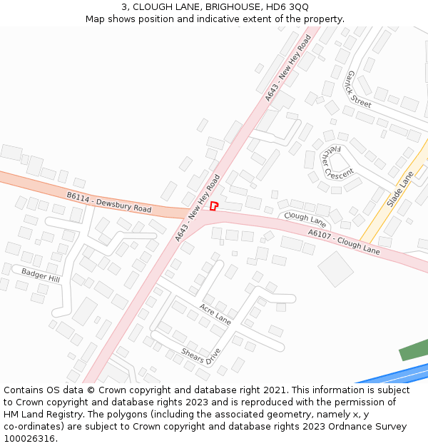 3, CLOUGH LANE, BRIGHOUSE, HD6 3QQ: Location map and indicative extent of plot