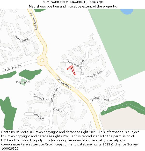 3, CLOVER FIELD, HAVERHILL, CB9 9QE: Location map and indicative extent of plot