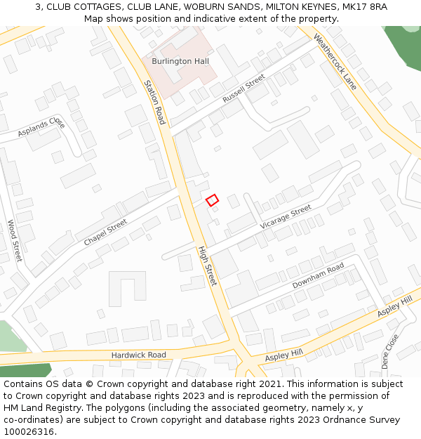 3, CLUB COTTAGES, CLUB LANE, WOBURN SANDS, MILTON KEYNES, MK17 8RA: Location map and indicative extent of plot