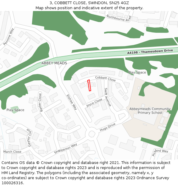 3, COBBETT CLOSE, SWINDON, SN25 4GZ: Location map and indicative extent of plot