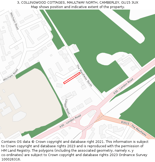 3, COLLINGWOOD COTTAGES, MAULTWAY NORTH, CAMBERLEY, GU15 3UX: Location map and indicative extent of plot