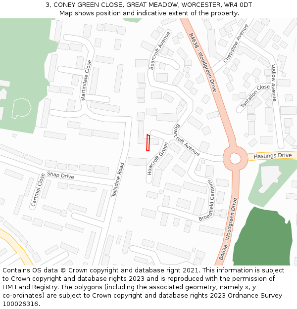 3, CONEY GREEN CLOSE, GREAT MEADOW, WORCESTER, WR4 0DT: Location map and indicative extent of plot