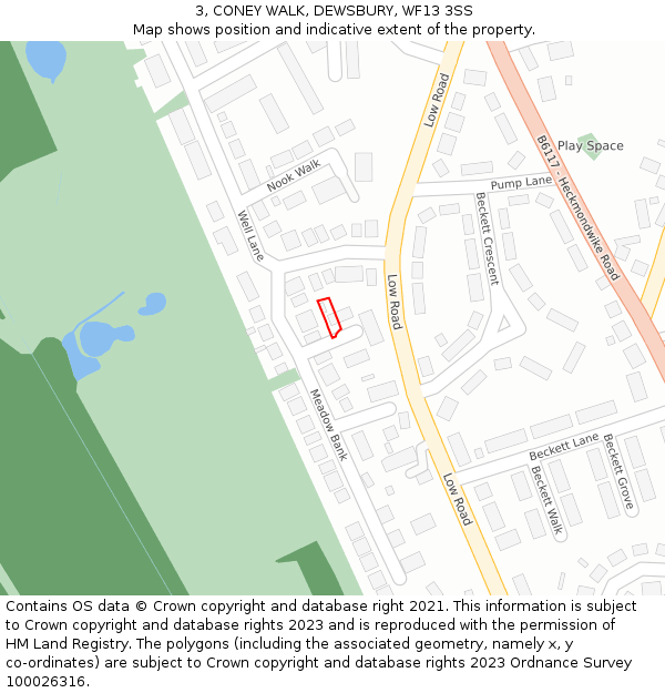 3, CONEY WALK, DEWSBURY, WF13 3SS: Location map and indicative extent of plot