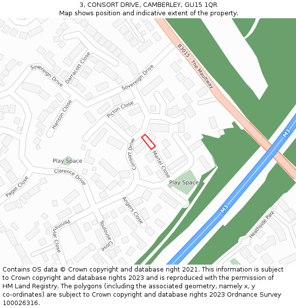 3, CONSORT DRIVE, CAMBERLEY, GU15 1QR: Location map and indicative extent of plot
