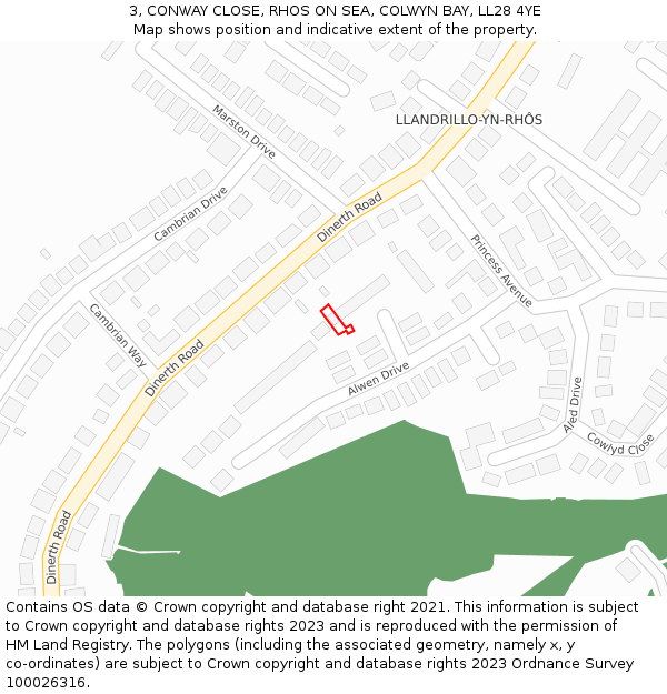 3, CONWAY CLOSE, RHOS ON SEA, COLWYN BAY, LL28 4YE: Location map and indicative extent of plot