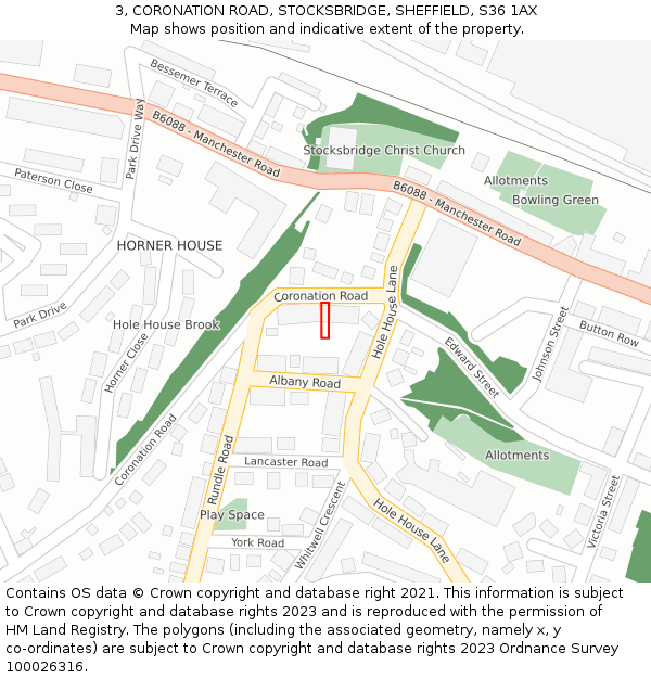 3, CORONATION ROAD, STOCKSBRIDGE, SHEFFIELD, S36 1AX: Location map and indicative extent of plot