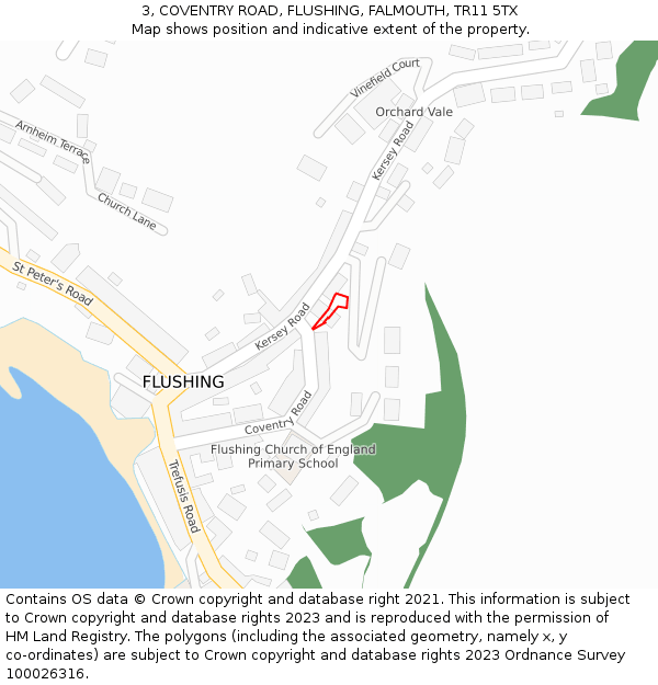 3, COVENTRY ROAD, FLUSHING, FALMOUTH, TR11 5TX: Location map and indicative extent of plot