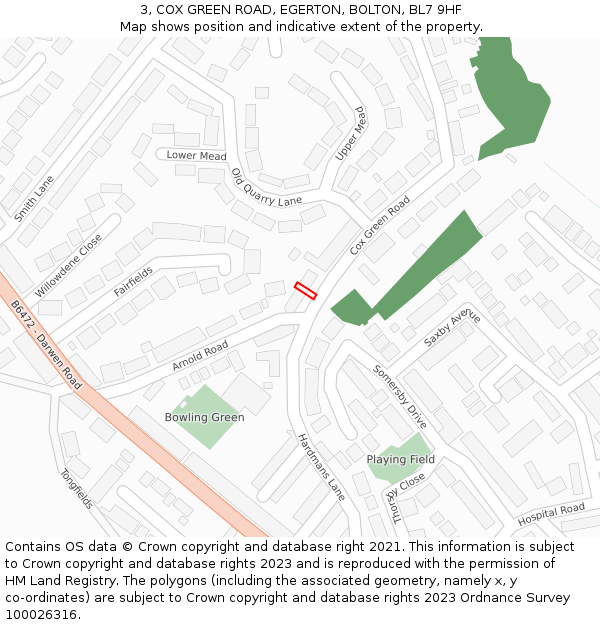 3, COX GREEN ROAD, EGERTON, BOLTON, BL7 9HF: Location map and indicative extent of plot