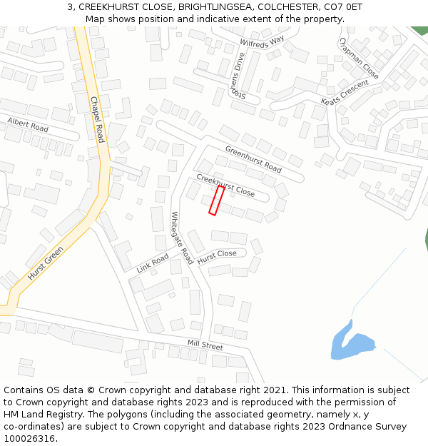 3, CREEKHURST CLOSE, BRIGHTLINGSEA, COLCHESTER, CO7 0ET: Location map and indicative extent of plot