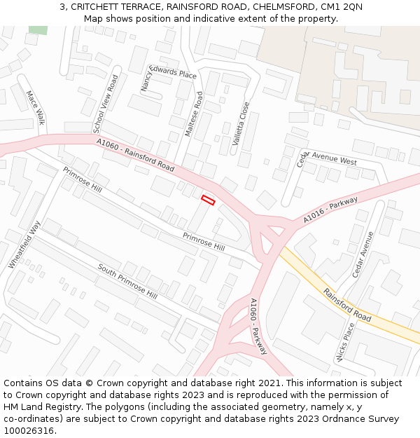 3, CRITCHETT TERRACE, RAINSFORD ROAD, CHELMSFORD, CM1 2QN: Location map and indicative extent of plot