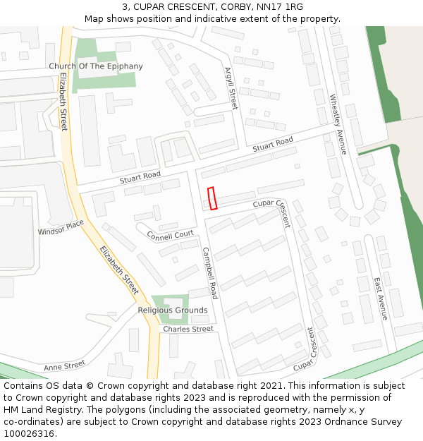 3, CUPAR CRESCENT, CORBY, NN17 1RG: Location map and indicative extent of plot