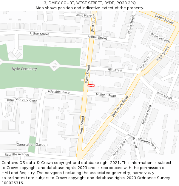 3, DAIRY COURT, WEST STREET, RYDE, PO33 2PQ: Location map and indicative extent of plot
