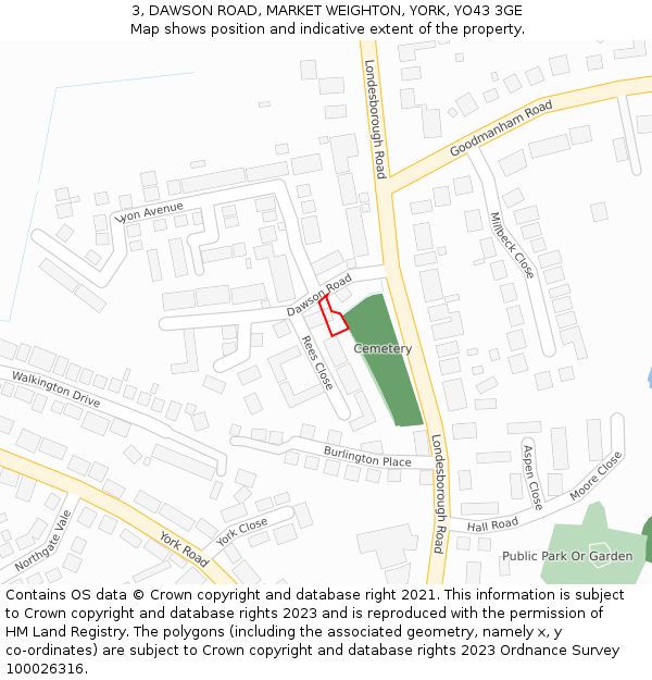 3, DAWSON ROAD, MARKET WEIGHTON, YORK, YO43 3GE: Location map and indicative extent of plot