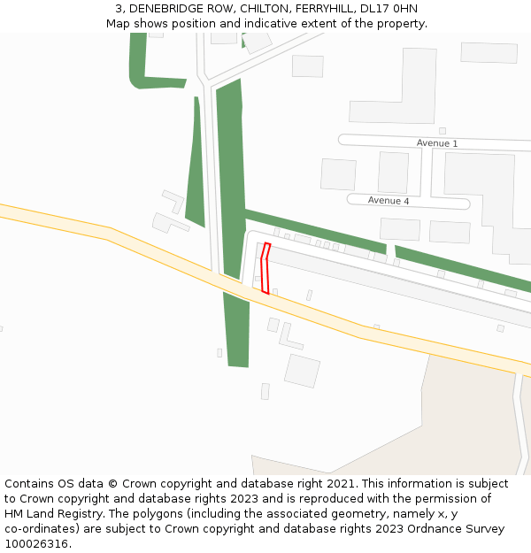 3, DENEBRIDGE ROW, CHILTON, FERRYHILL, DL17 0HN: Location map and indicative extent of plot
