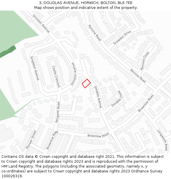 3, DOUGLAS AVENUE, HORWICH, BOLTON, BL6 7EE: Location map and indicative extent of plot