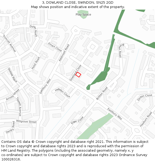 3, DOWLAND CLOSE, SWINDON, SN25 2GD: Location map and indicative extent of plot