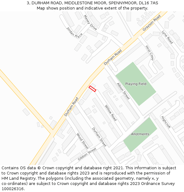 3, DURHAM ROAD, MIDDLESTONE MOOR, SPENNYMOOR, DL16 7AS: Location map and indicative extent of plot