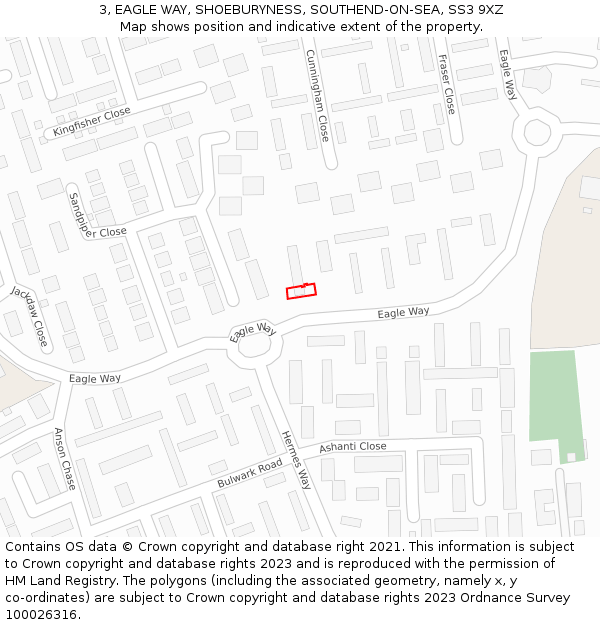3, EAGLE WAY, SHOEBURYNESS, SOUTHEND-ON-SEA, SS3 9XZ: Location map and indicative extent of plot