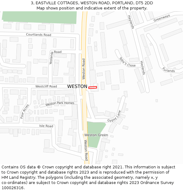 3, EASTVILLE COTTAGES, WESTON ROAD, PORTLAND, DT5 2DD: Location map and indicative extent of plot