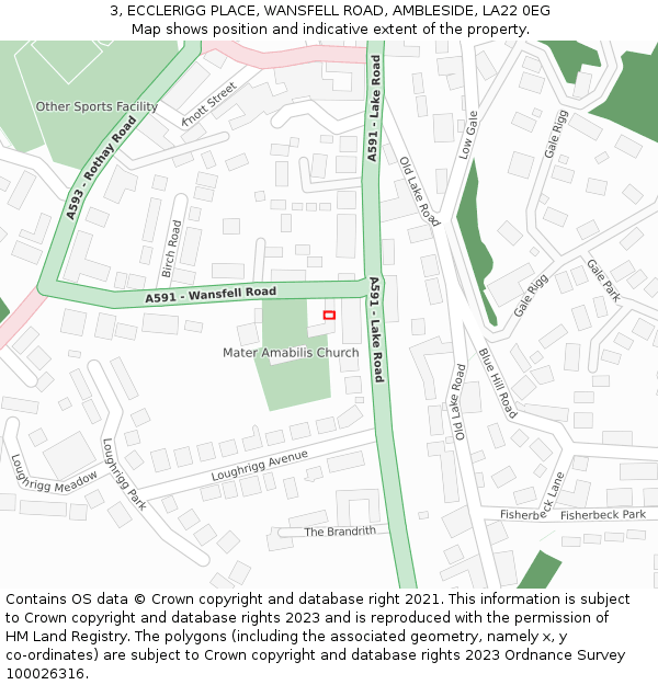 3, ECCLERIGG PLACE, WANSFELL ROAD, AMBLESIDE, LA22 0EG: Location map and indicative extent of plot