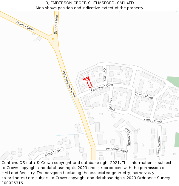 3, EMBERSON CROFT, CHELMSFORD, CM1 4FD: Location map and indicative extent of plot