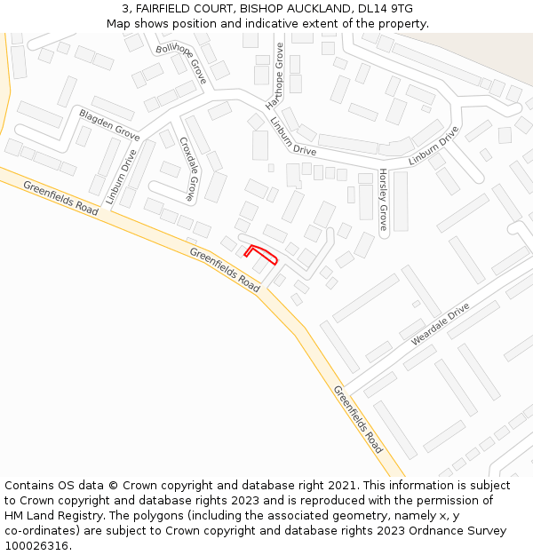3, FAIRFIELD COURT, BISHOP AUCKLAND, DL14 9TG: Location map and indicative extent of plot