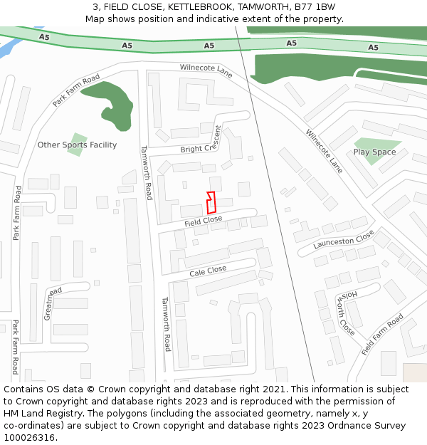 3, FIELD CLOSE, KETTLEBROOK, TAMWORTH, B77 1BW: Location map and indicative extent of plot