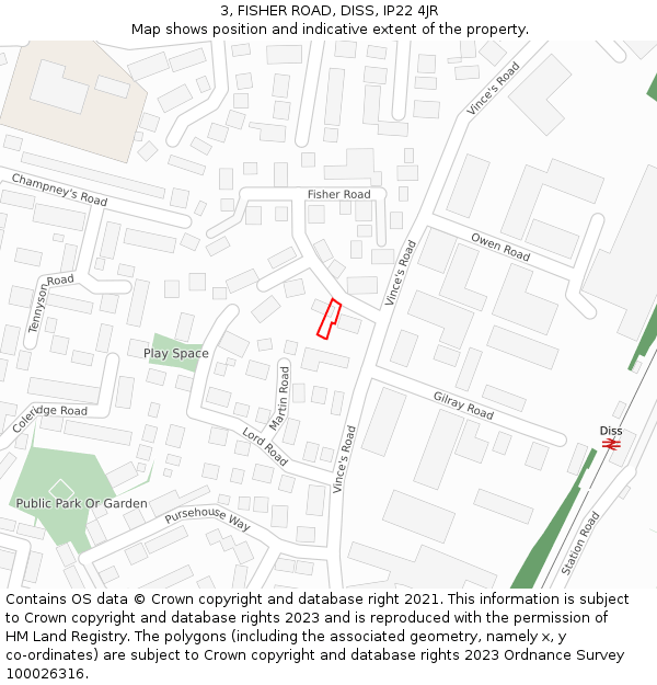 3, FISHER ROAD, DISS, IP22 4JR: Location map and indicative extent of plot
