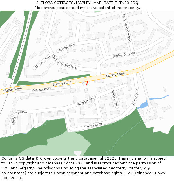 3, FLORA COTTAGES, MARLEY LANE, BATTLE, TN33 0DQ: Location map and indicative extent of plot