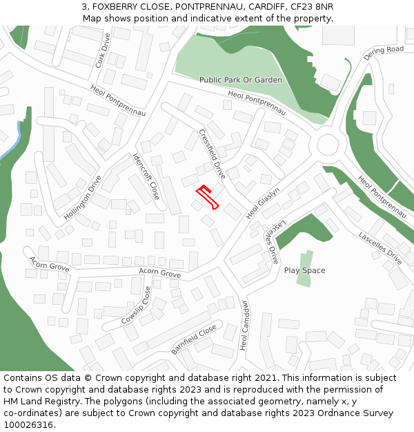 3, FOXBERRY CLOSE, PONTPRENNAU, CARDIFF, CF23 8NR: Location map and indicative extent of plot