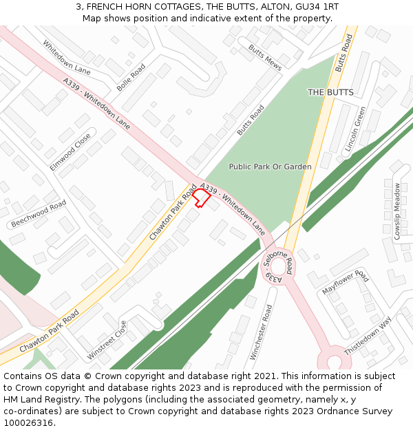 3, FRENCH HORN COTTAGES, THE BUTTS, ALTON, GU34 1RT: Location map and indicative extent of plot