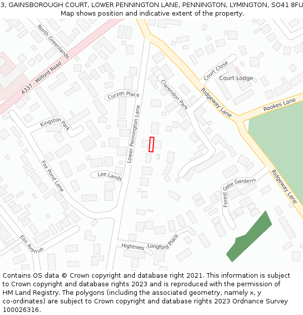 3, GAINSBOROUGH COURT, LOWER PENNINGTON LANE, PENNINGTON, LYMINGTON, SO41 8FU: Location map and indicative extent of plot