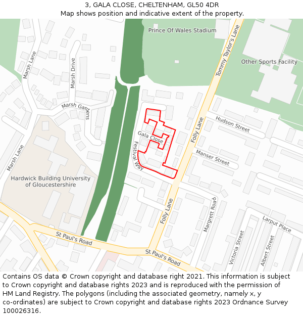 3, GALA CLOSE, CHELTENHAM, GL50 4DR: Location map and indicative extent of plot