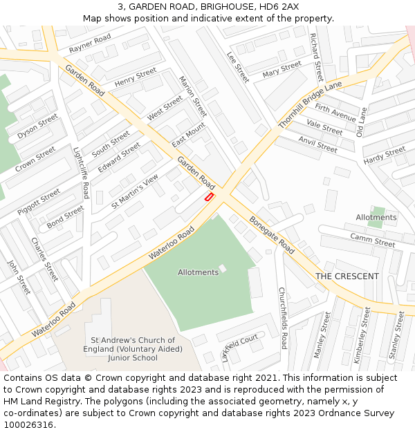 3, GARDEN ROAD, BRIGHOUSE, HD6 2AX: Location map and indicative extent of plot