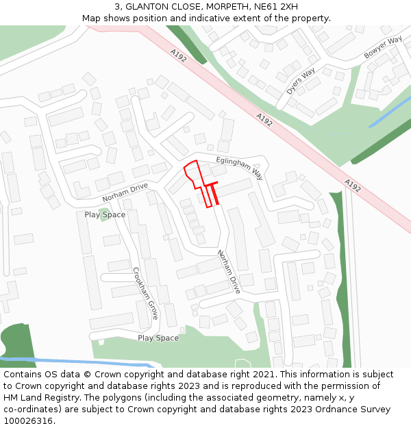 3, GLANTON CLOSE, MORPETH, NE61 2XH: Location map and indicative extent of plot