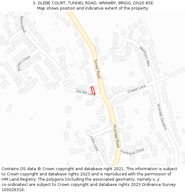 3, GLEBE COURT, TUNNEL ROAD, WRAWBY, BRIGG, DN20 8SE: Location map and indicative extent of plot