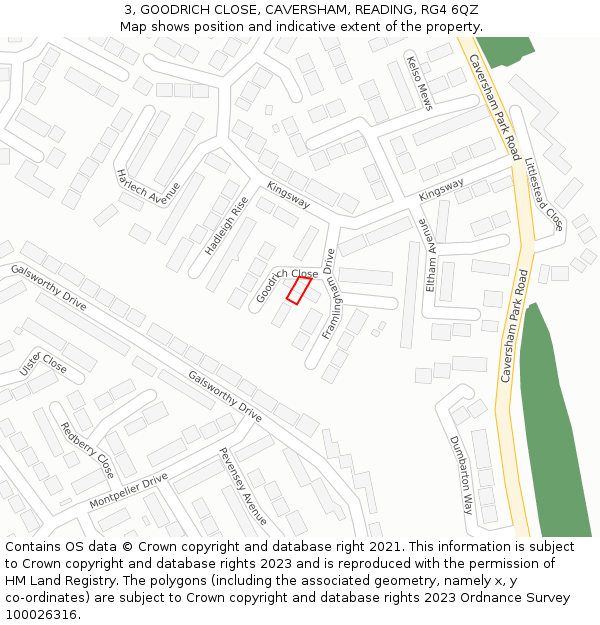 3, GOODRICH CLOSE, CAVERSHAM, READING, RG4 6QZ: Location map and indicative extent of plot