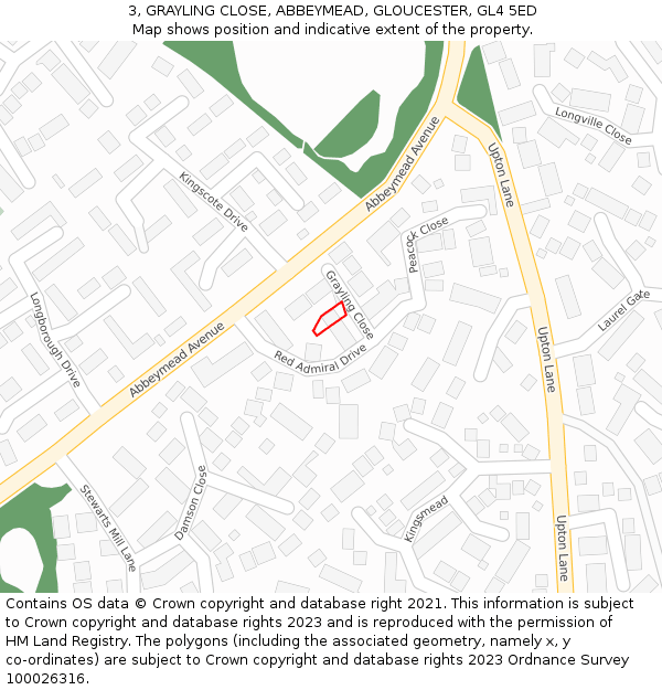 3, GRAYLING CLOSE, ABBEYMEAD, GLOUCESTER, GL4 5ED: Location map and indicative extent of plot